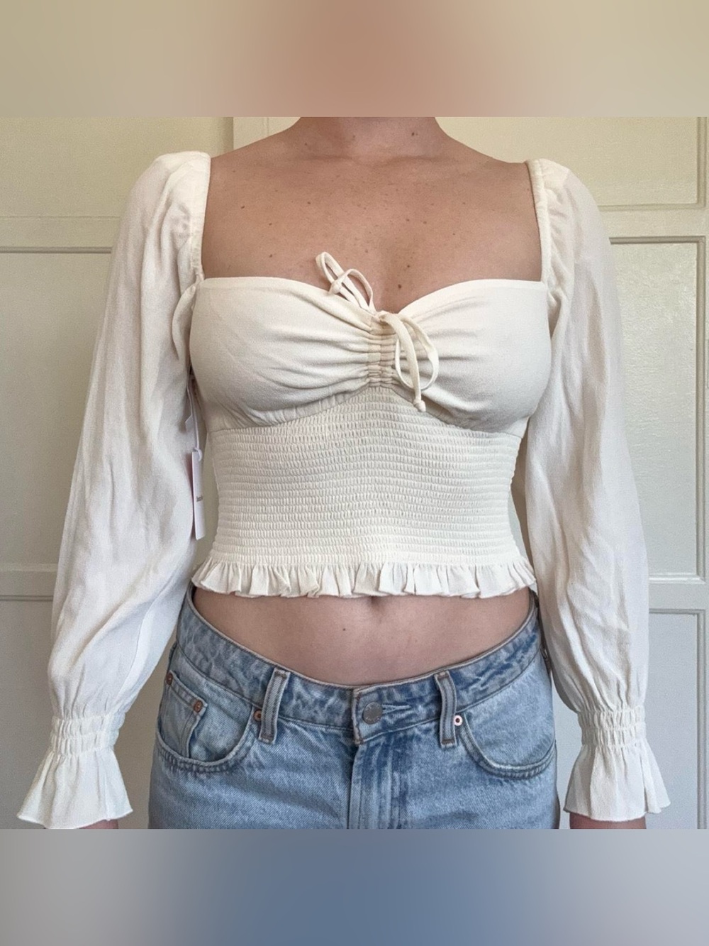 Women’s Cream Smocked Peasant Long-Sleeve Crop Top